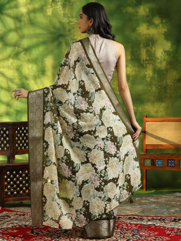 Olive Printed Silk Blend Saree With Unstitched Blouse Piece