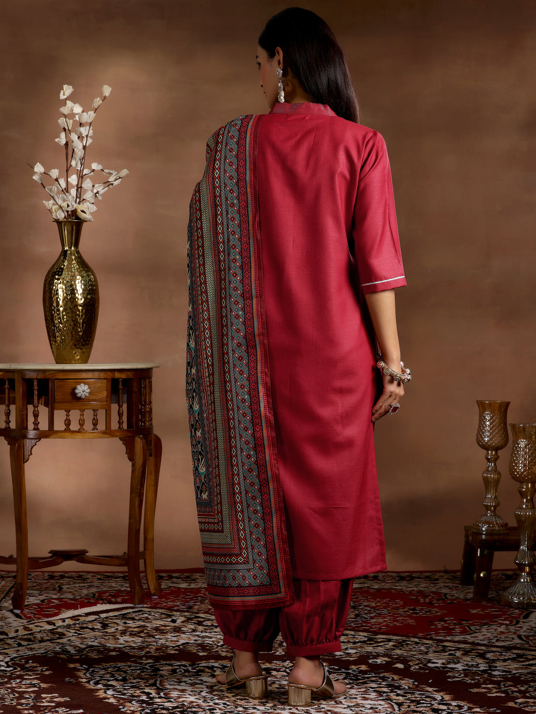 Maroon Solid Cotton Blend Straight Suit With Dupatta