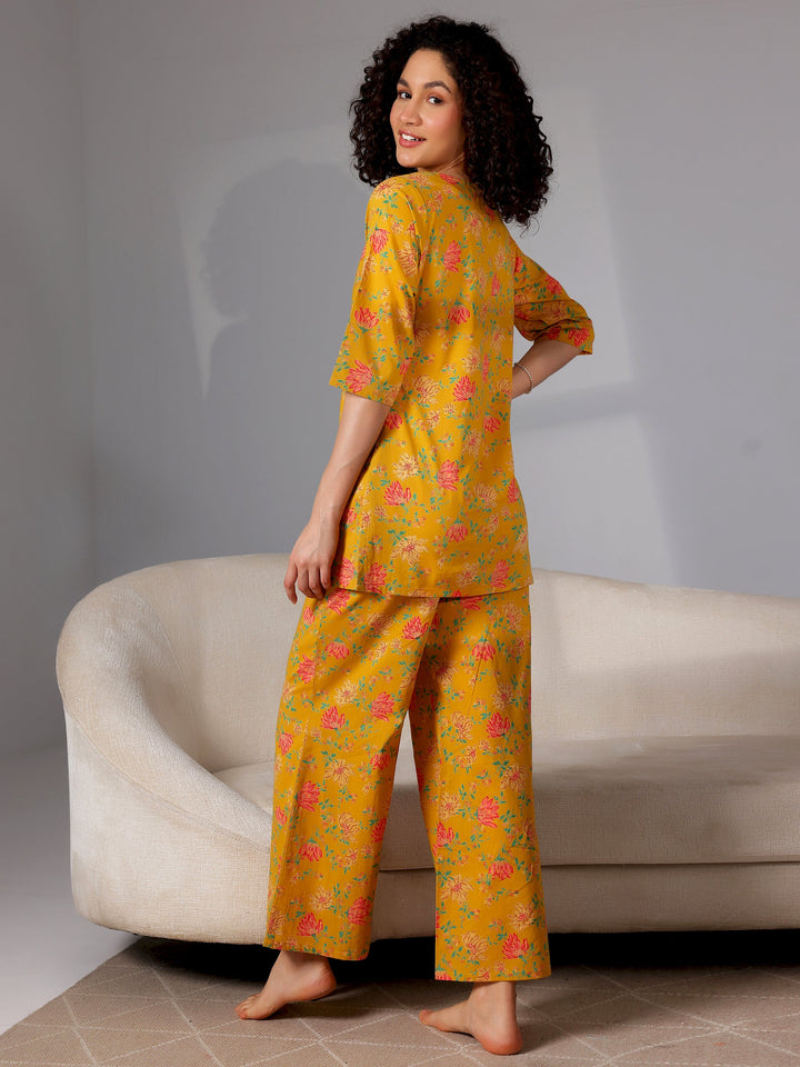 Mustard Printed Cotton Night Suits