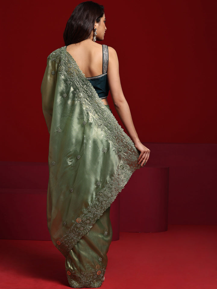 Libas Art Green Embroidered Silk Blend Saree With Unstitched Blouse Piece