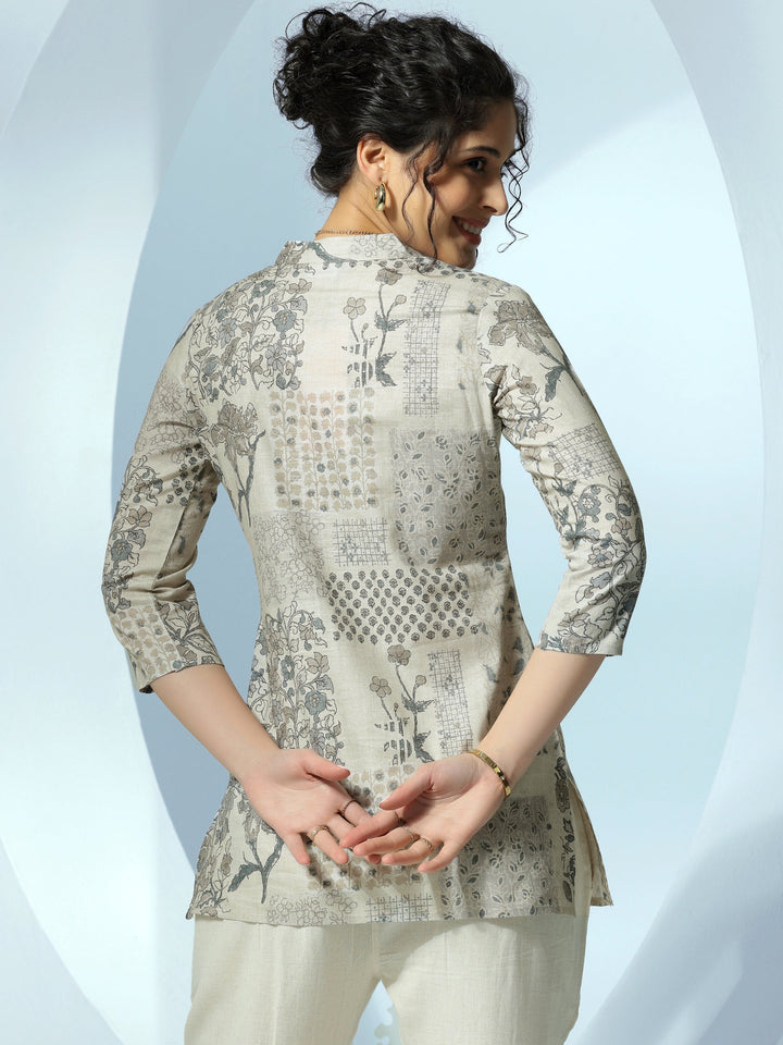 Off White Printed Cotton Blend Straight Kurti
