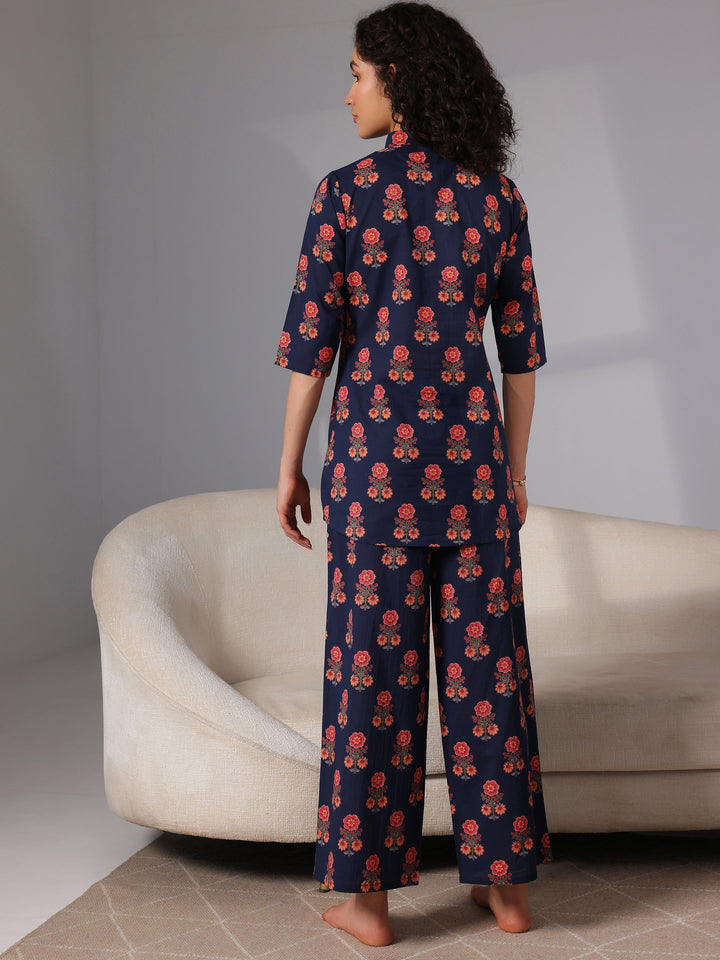 Blue Printed Cotton Night Suits