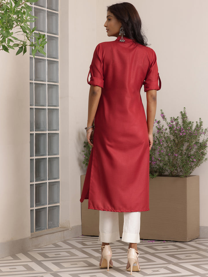 Red Solid Cotton Blend Straight Kurta