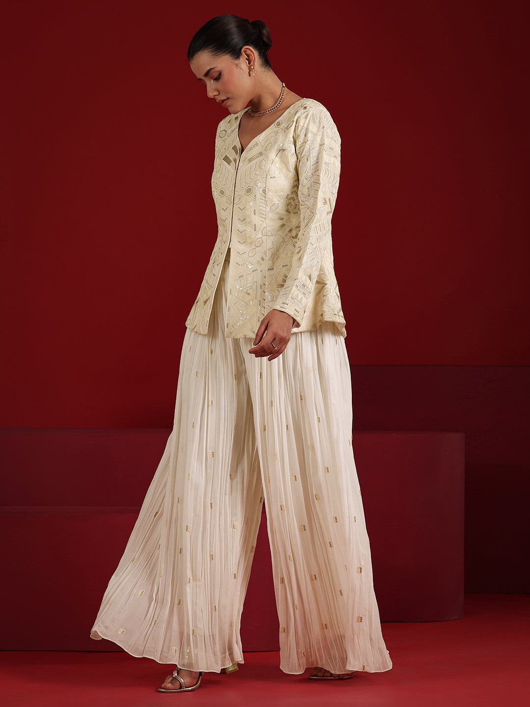 Libas Art Off White Embroidered Georgette A-Line Suit Set With Dupatta