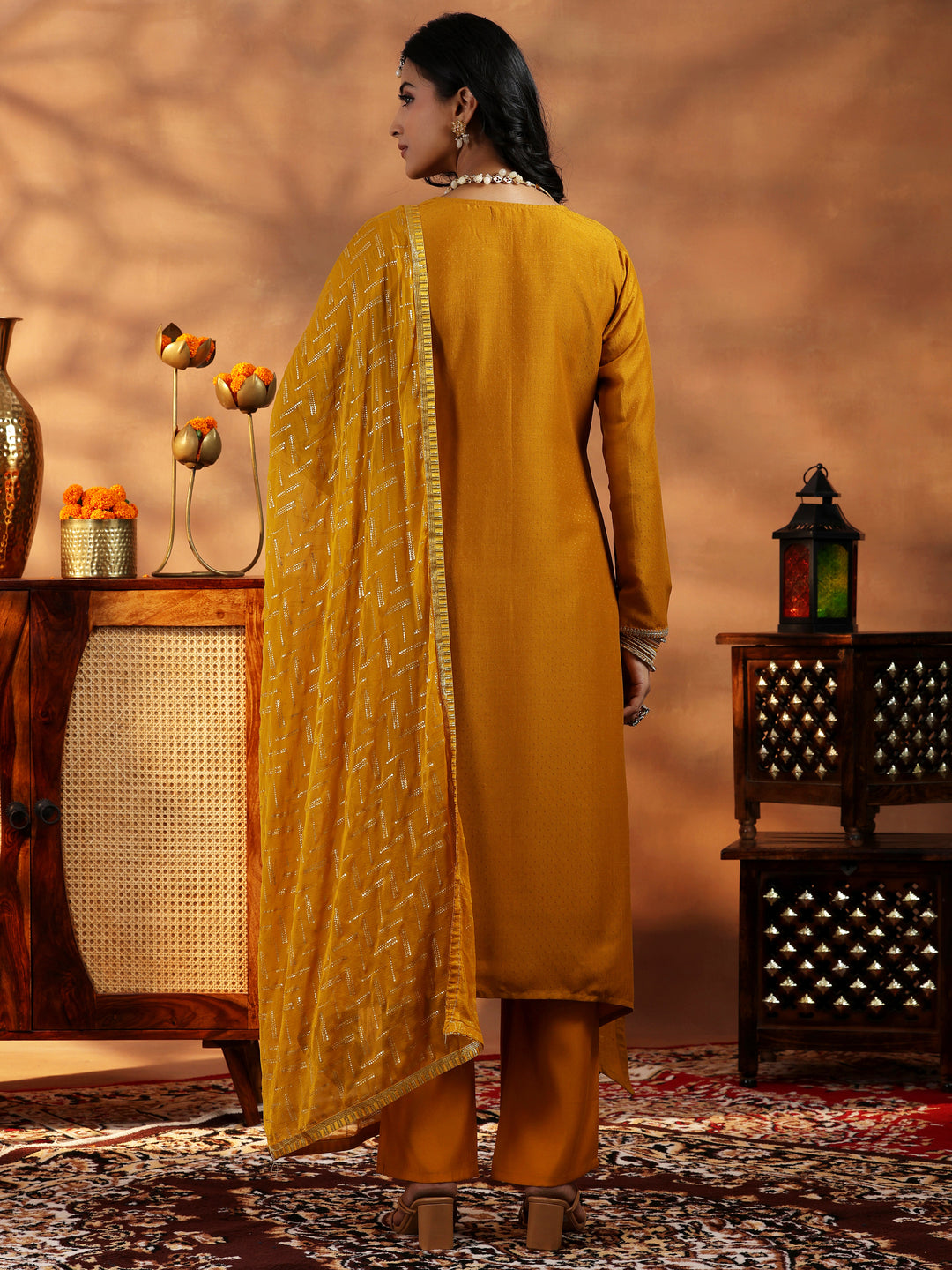 Mustard Embroidered Silk Blend Straight Suit With Dupatta