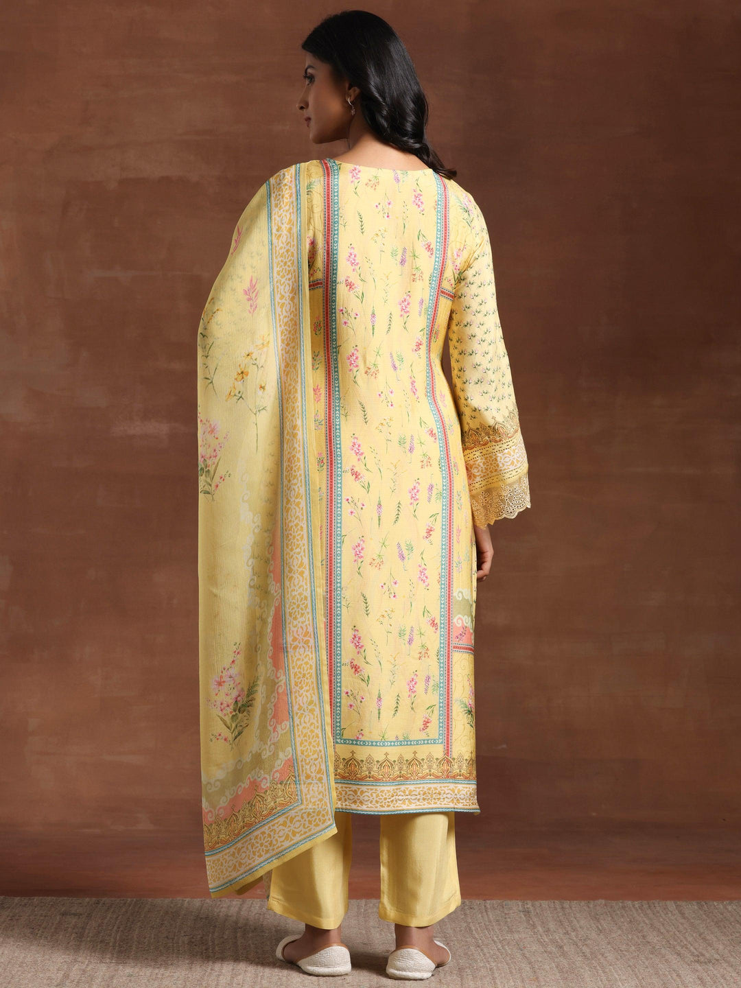Yellow Printed Silk Blend Straight Suit With Dupatta