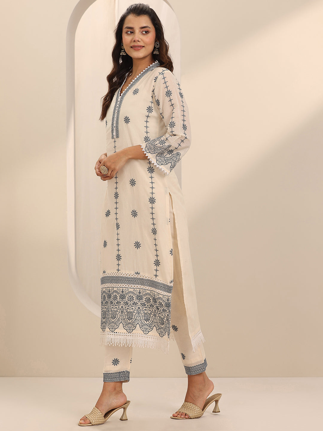 Off White Embroidered Cotton Straight Suit Set With Dupatta