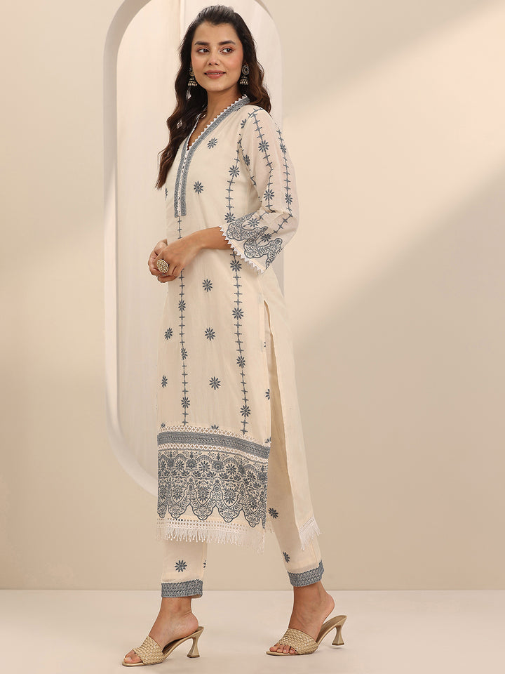 Off White Embroidered Cotton Straight Suit Set With Dupatta