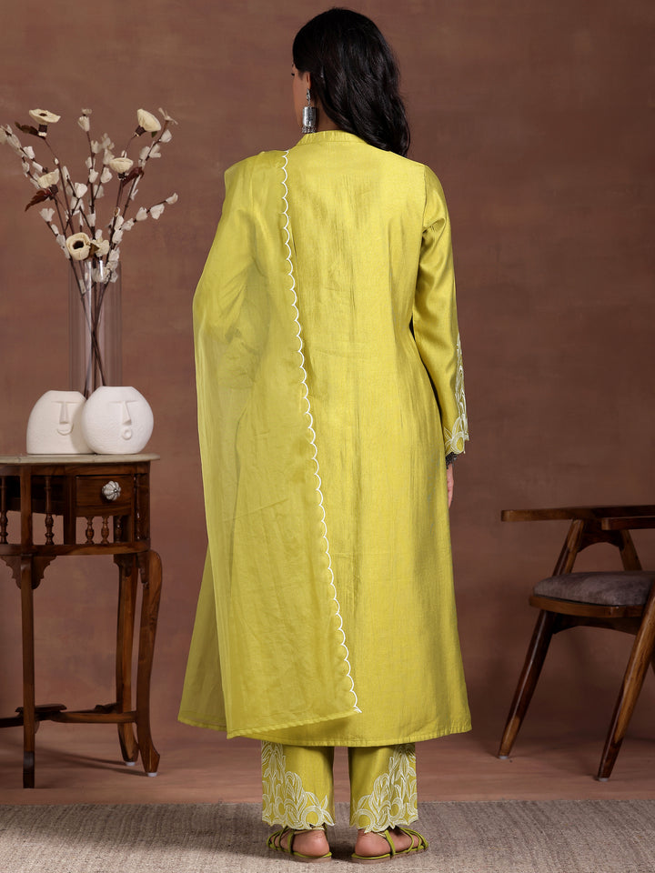 Lime Green Solid Silk Blend Straight Suit With Dupatta