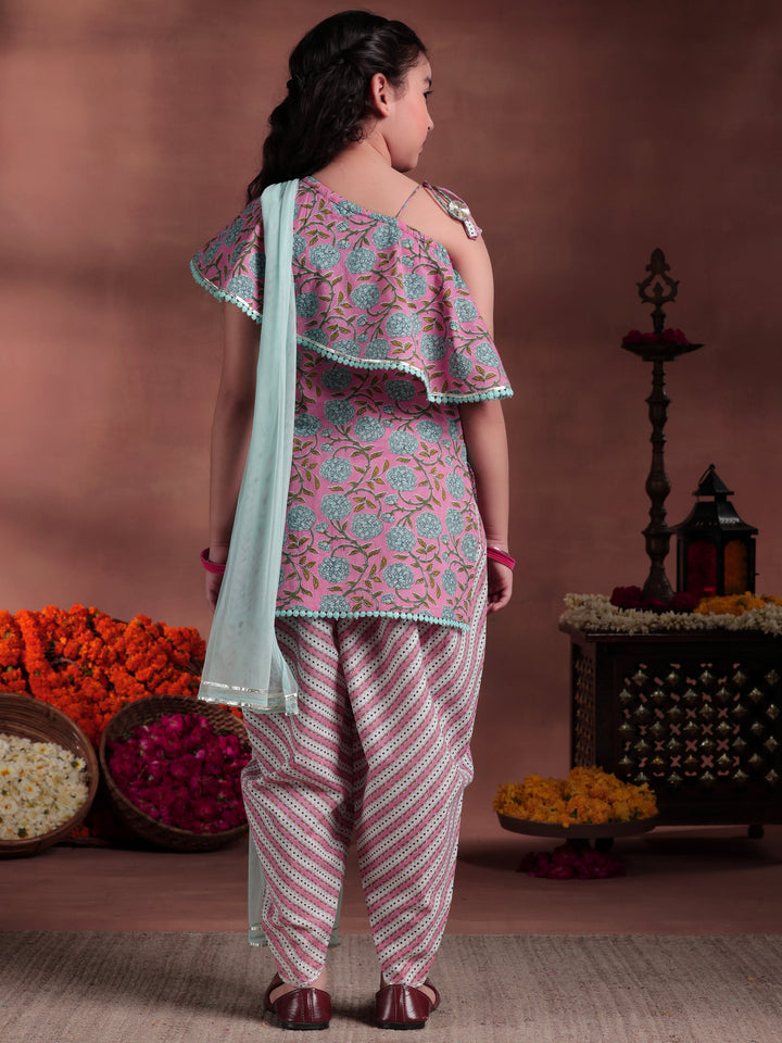 Kids Pink Printed Cotton Straight Kurta With Dhoti Pants & Dupatta