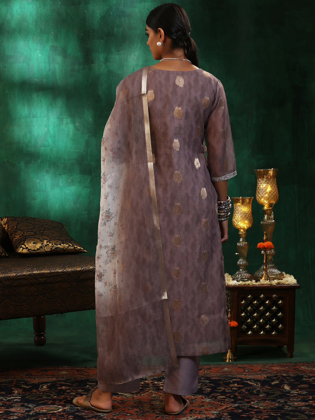 Brown Printed Silk Blend Straight Suit With Dupatta
