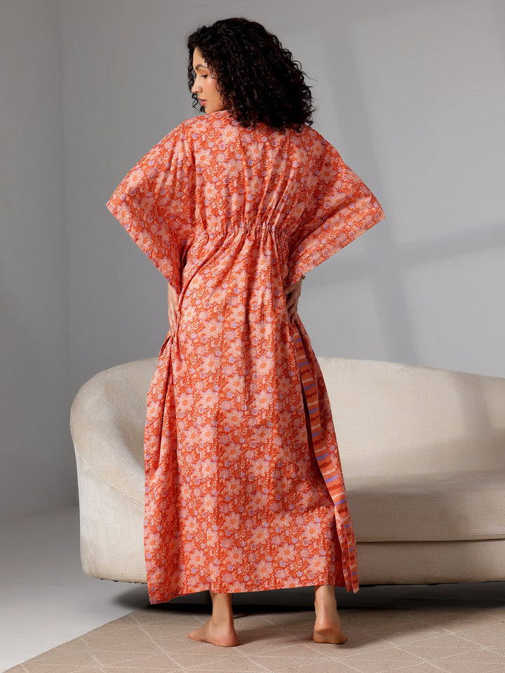 Orange Printed Cotton Kaftan Night Dress