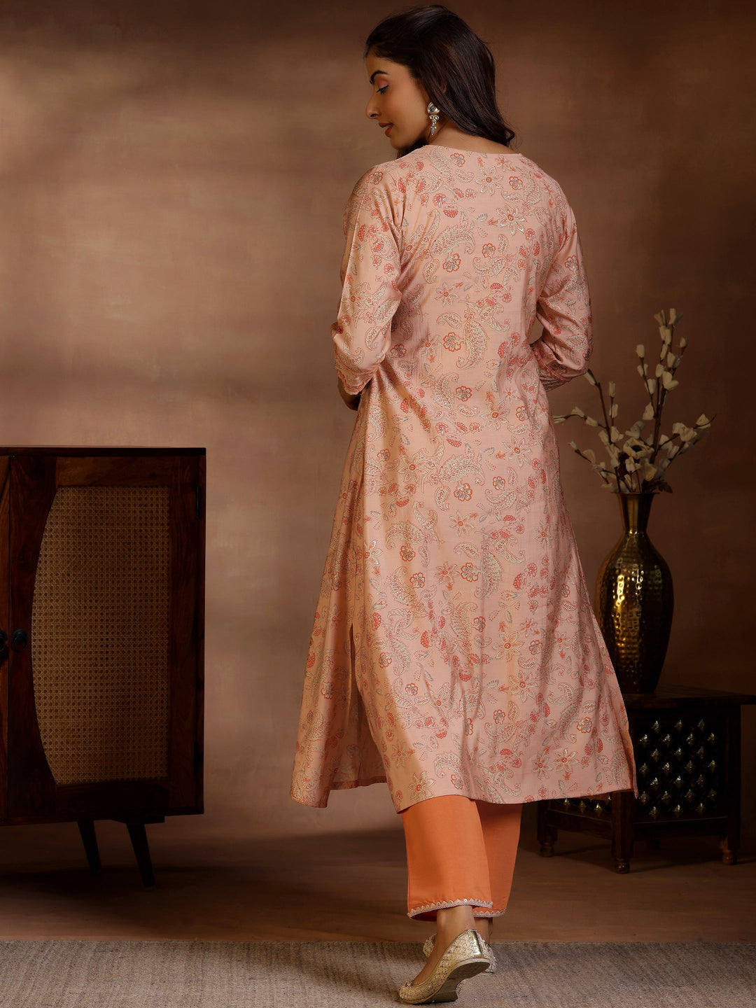 Rust Printed Silk Blend A-Line Kurta With Palazzos