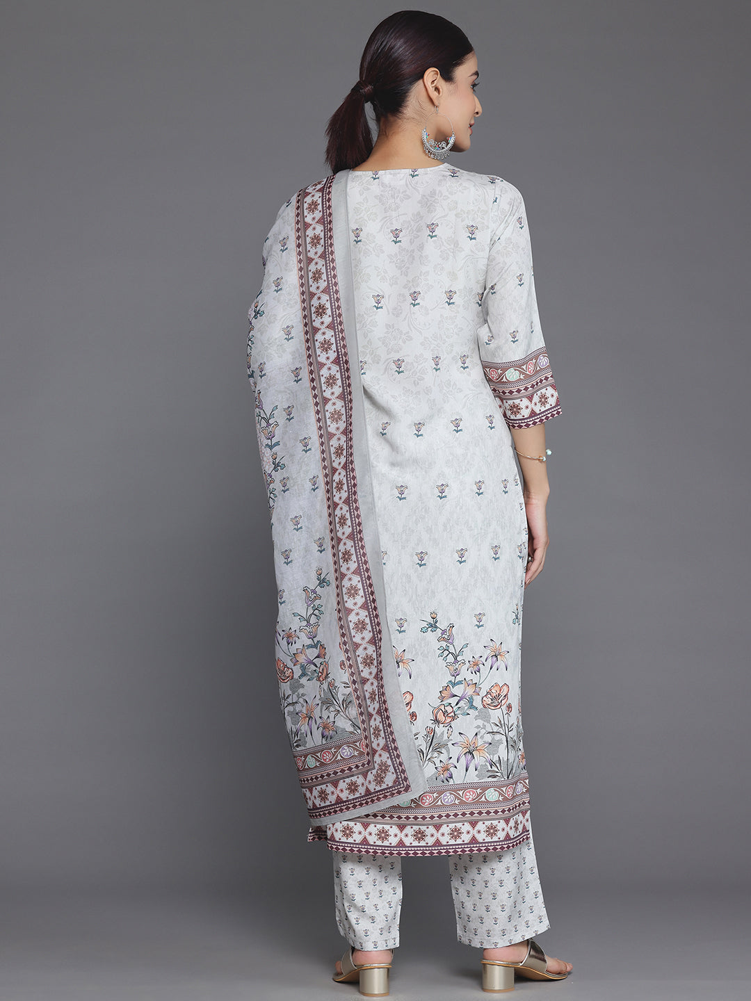 Grey Printed Poly Crepe Straight Suit With Dupatta