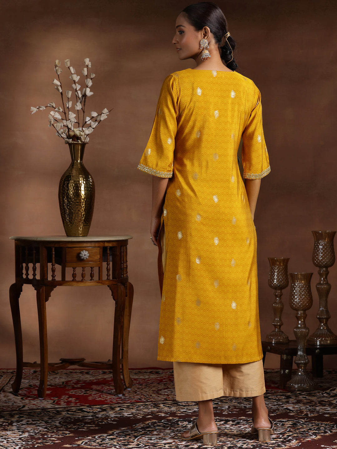 Mustard Printed Silk Straight Kurta