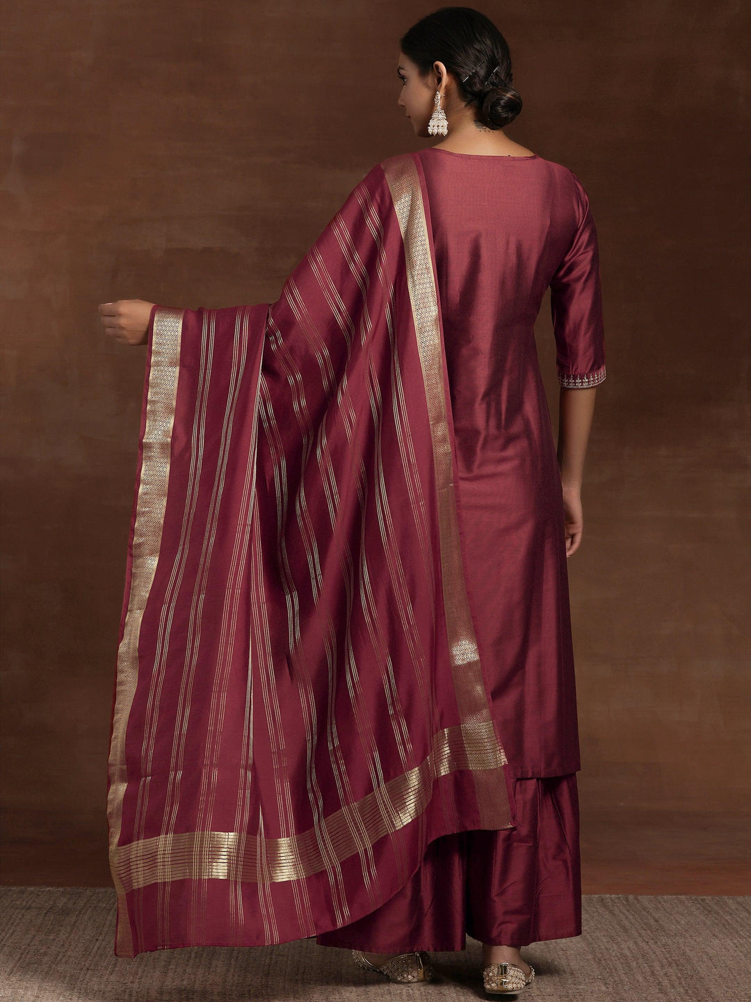 Rust Yoke Design Silk Blend Straight Suit With Dupatta