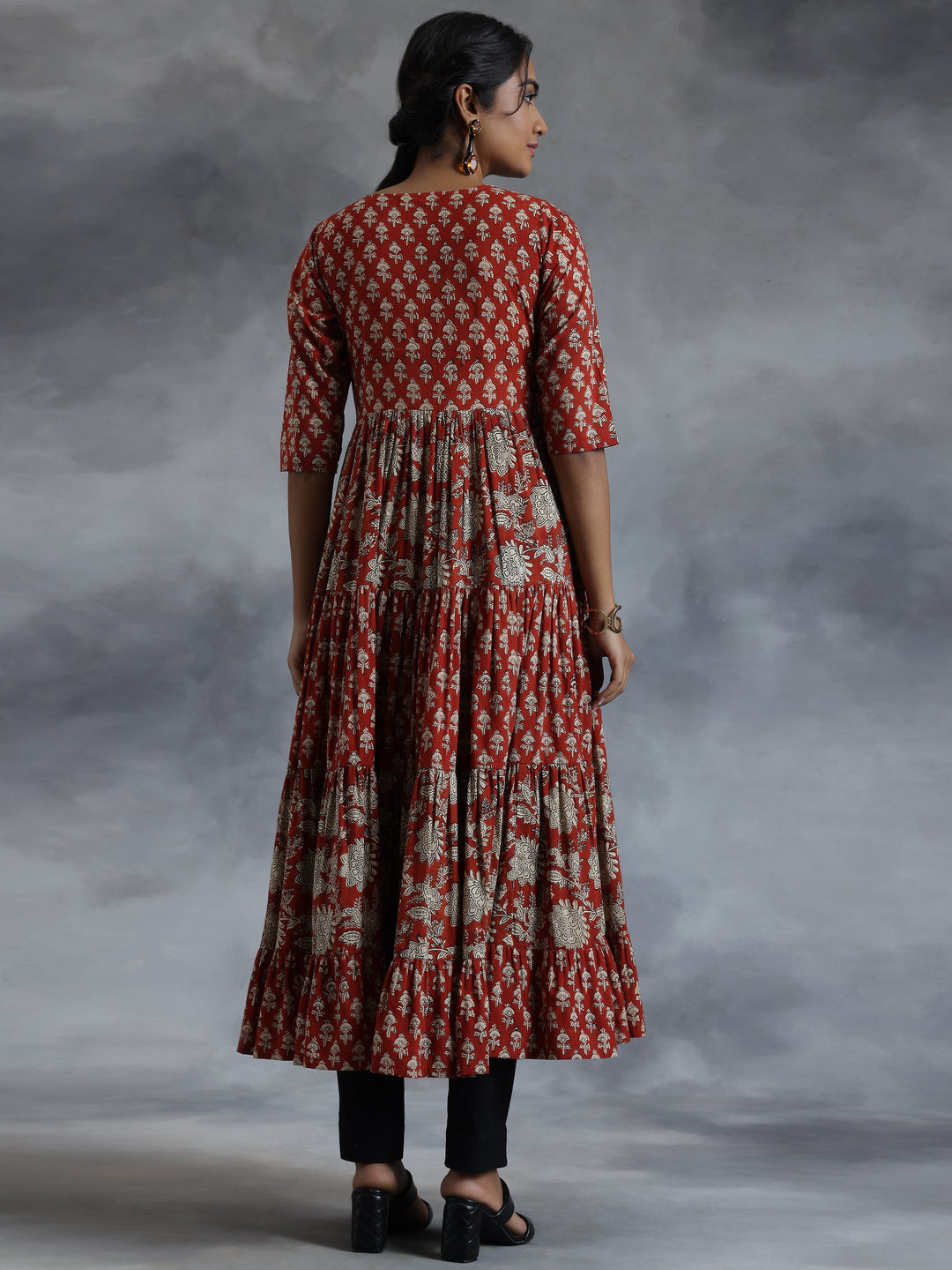 Rust Printed Cotton A-Line Dress