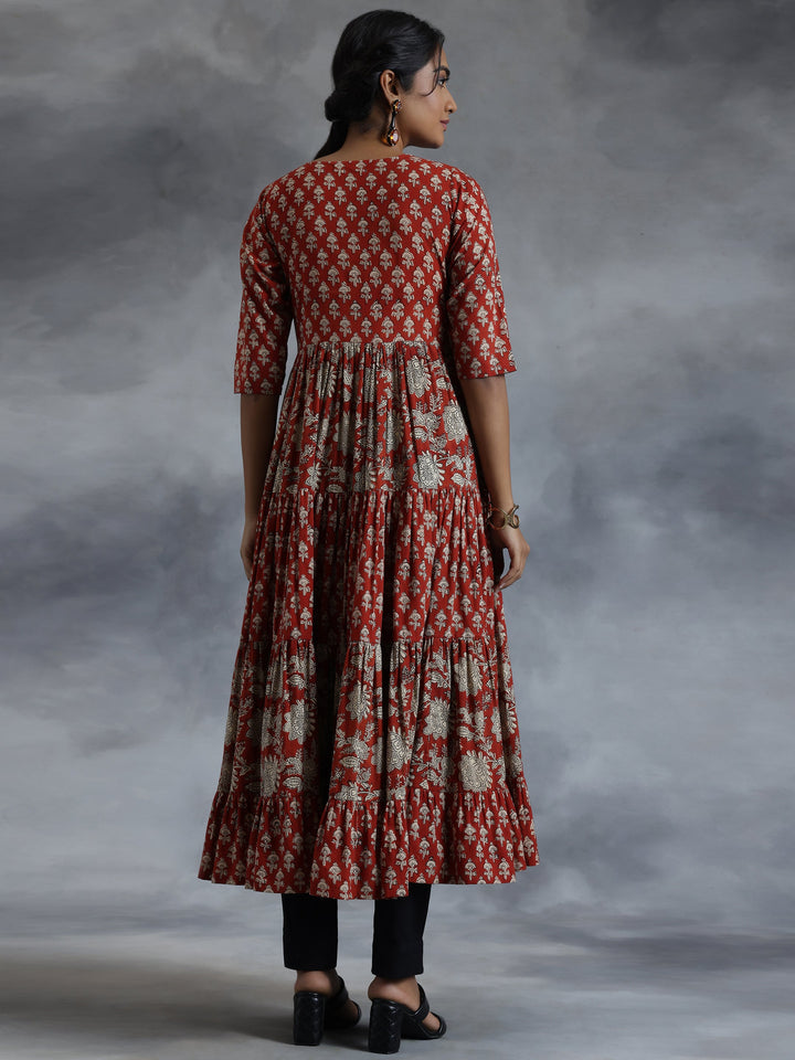 Rust Printed Cotton A-Line Dress