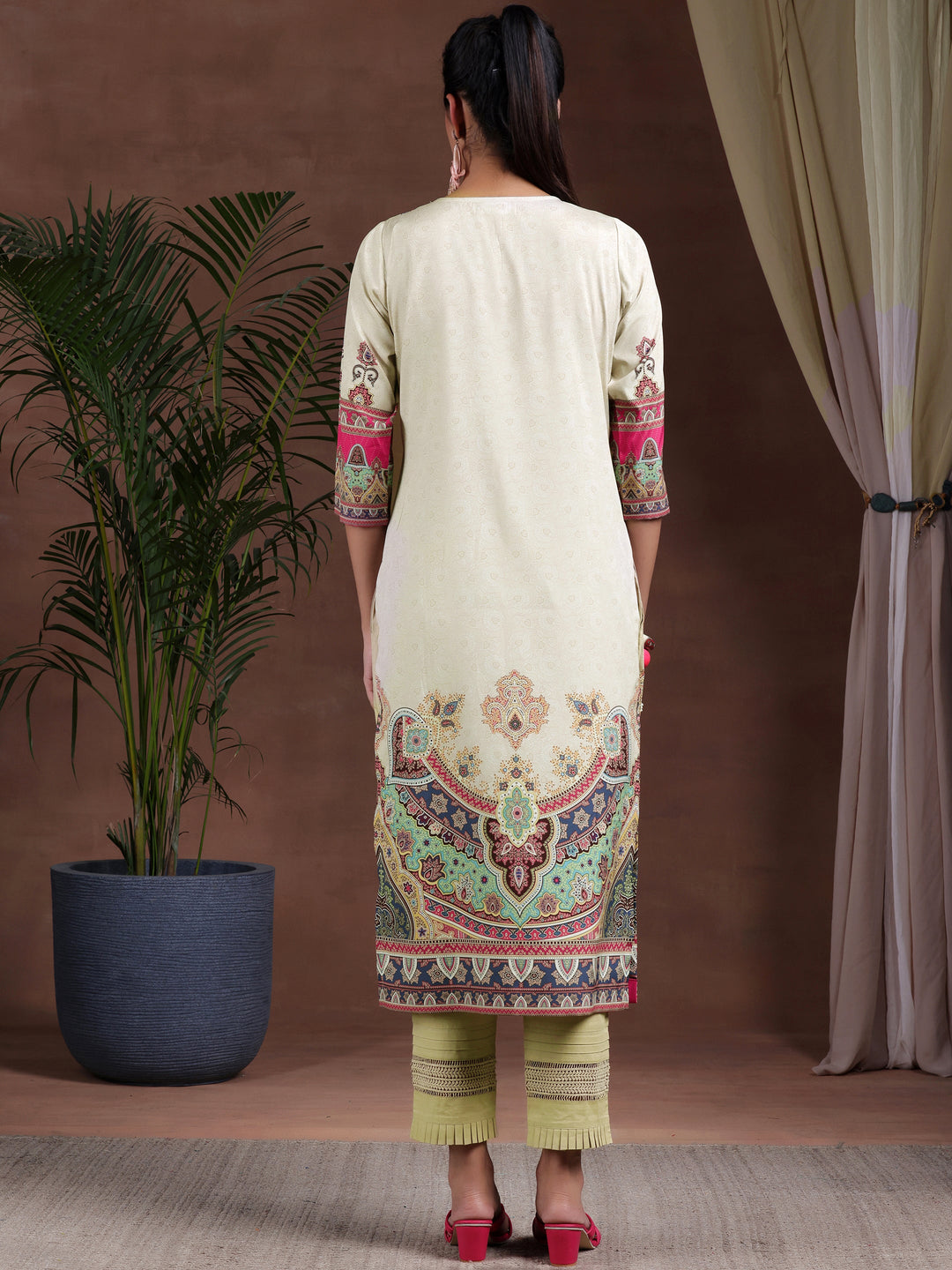 Beige Printed Crepe Straight Kurta