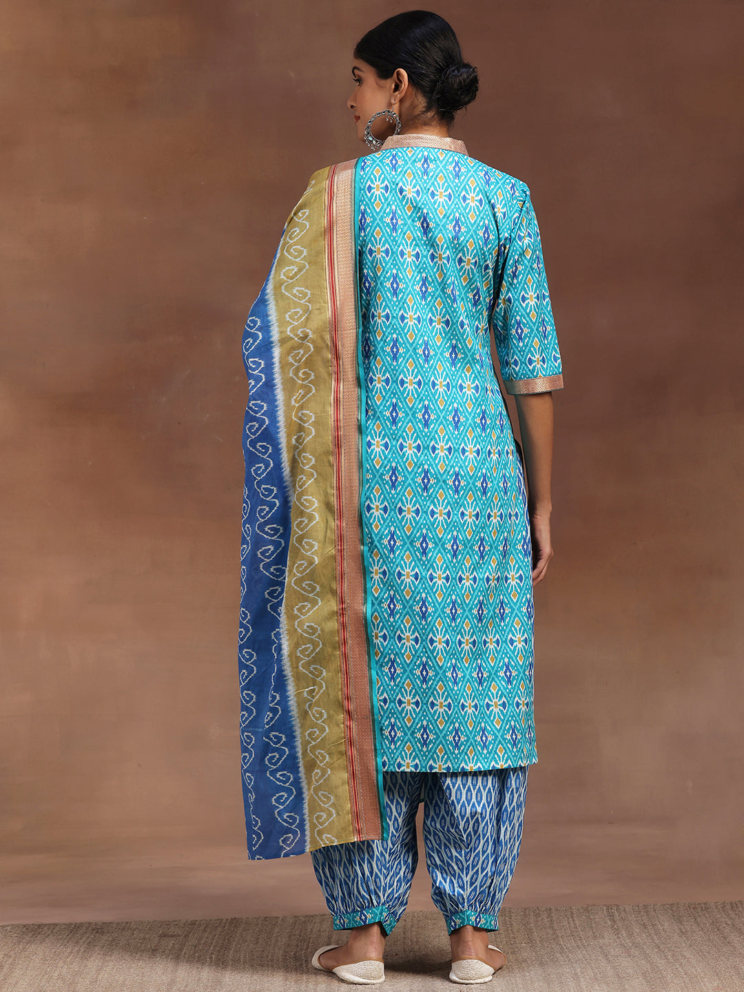 Blue Printed Cotton Straight Suit With Dupatta