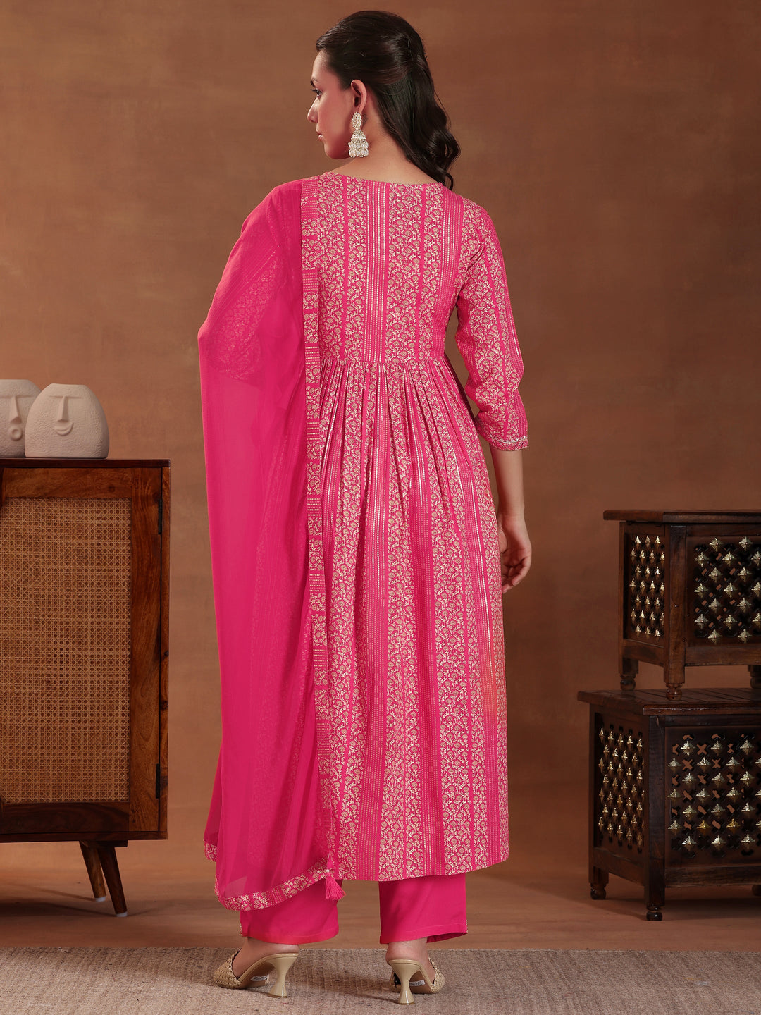 Coral Printed Rayon A-Line Kurta With Sharara & Dupatta