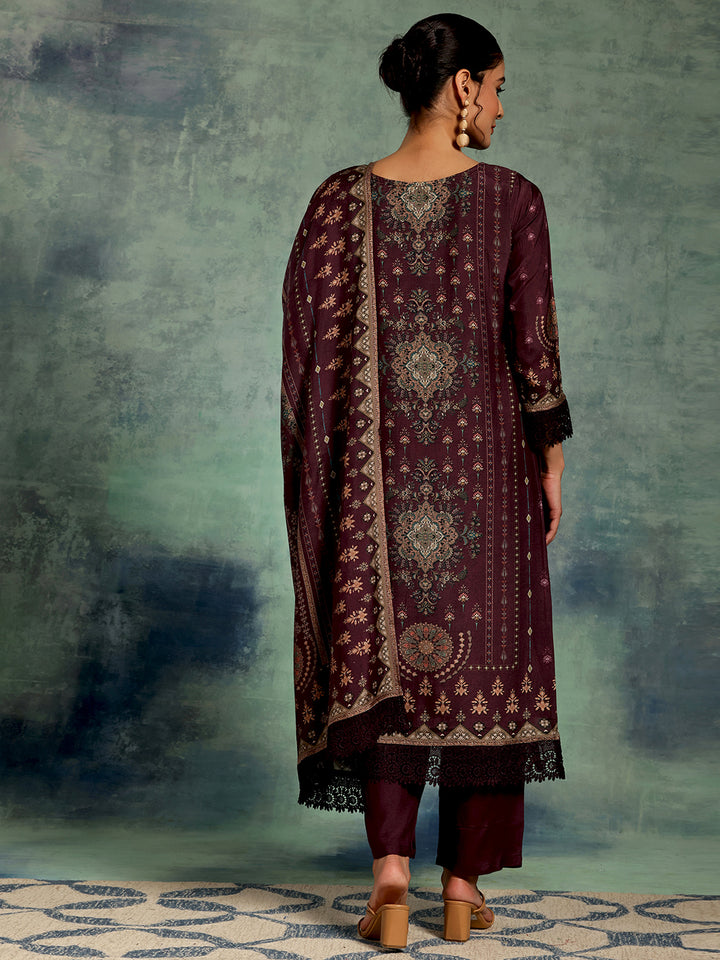 Wine Printed Silk Blend Straight Suit Set With Dupatta