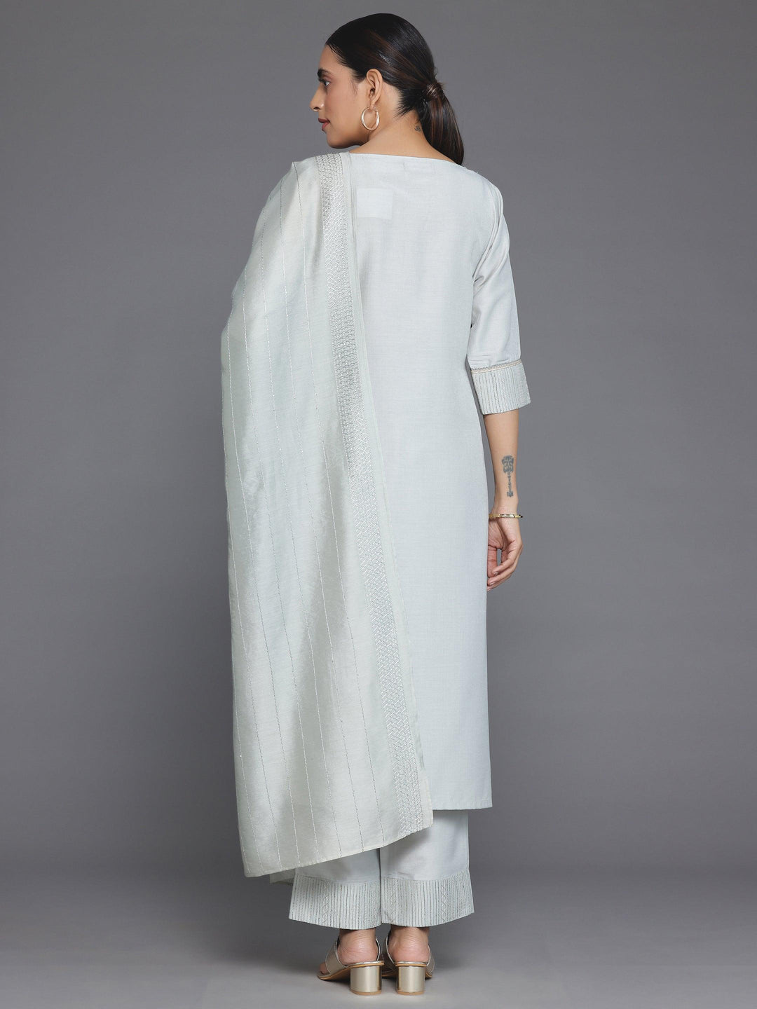 Grey Self Design Silk Blend Straight Suit With Dupatta