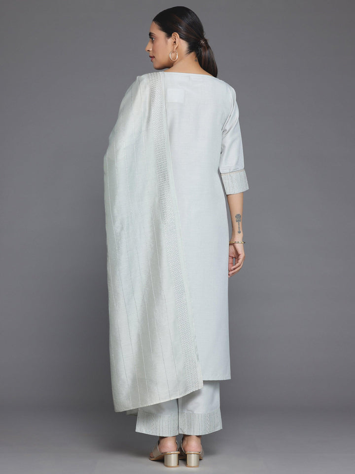 Grey Self Design Silk Blend Straight Suit With Dupatta