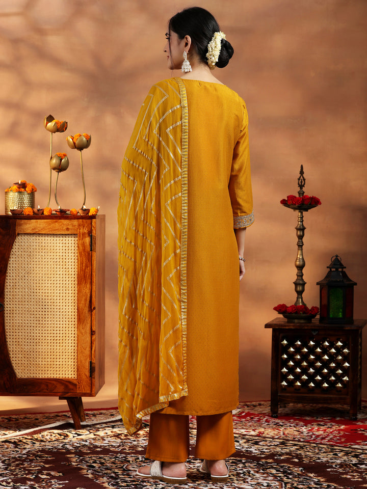Mustard Embroidered Silk Blend A-Line Kurta With Trousers & Dupatta