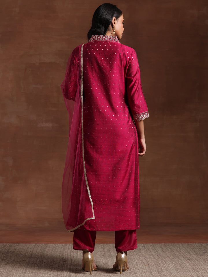 Pink Self Design Silk Blend Straight Suit With Dupatta