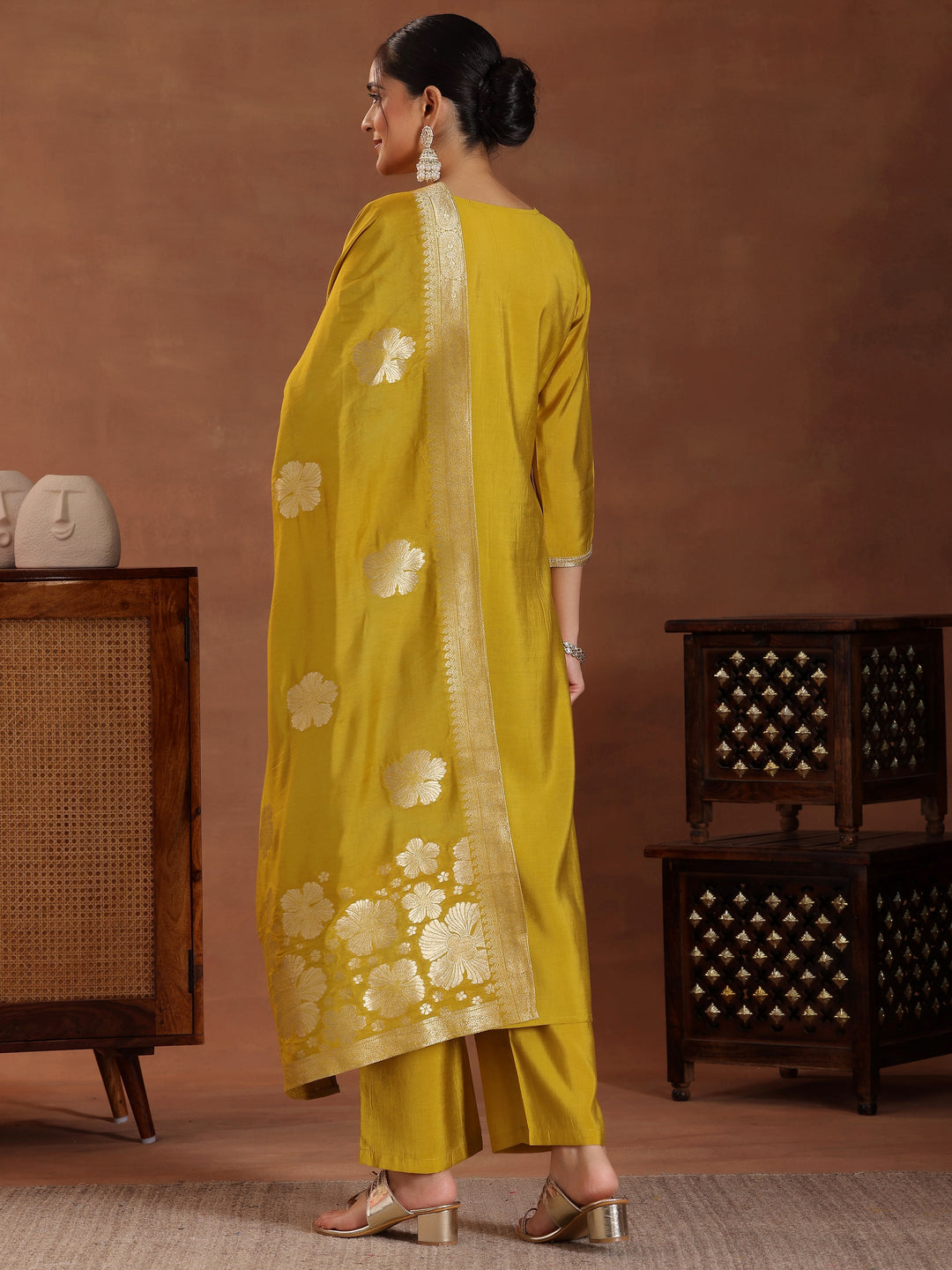 Mustard Yoke Design Silk Blend Straight Suit With Dupatta