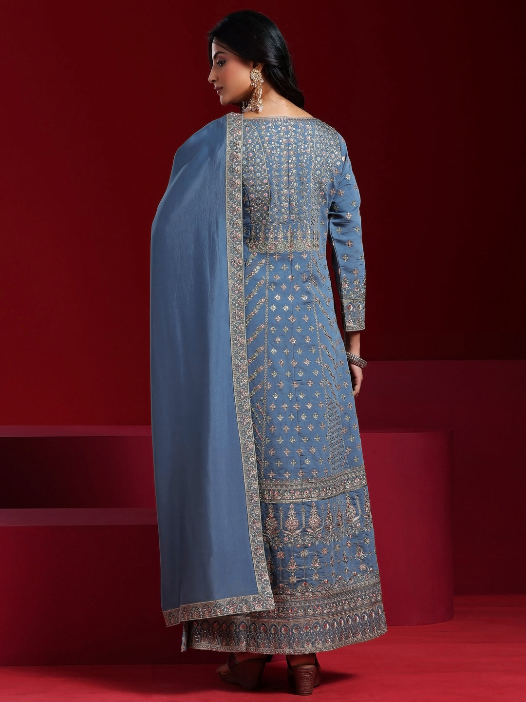 Libas Art Blue Embroidered Silk Blend A-Line Kurta With Trousers & Dupatta