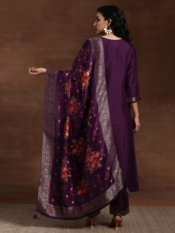 Purple Woven Design Silk Blend Straight Suit With Dupatta