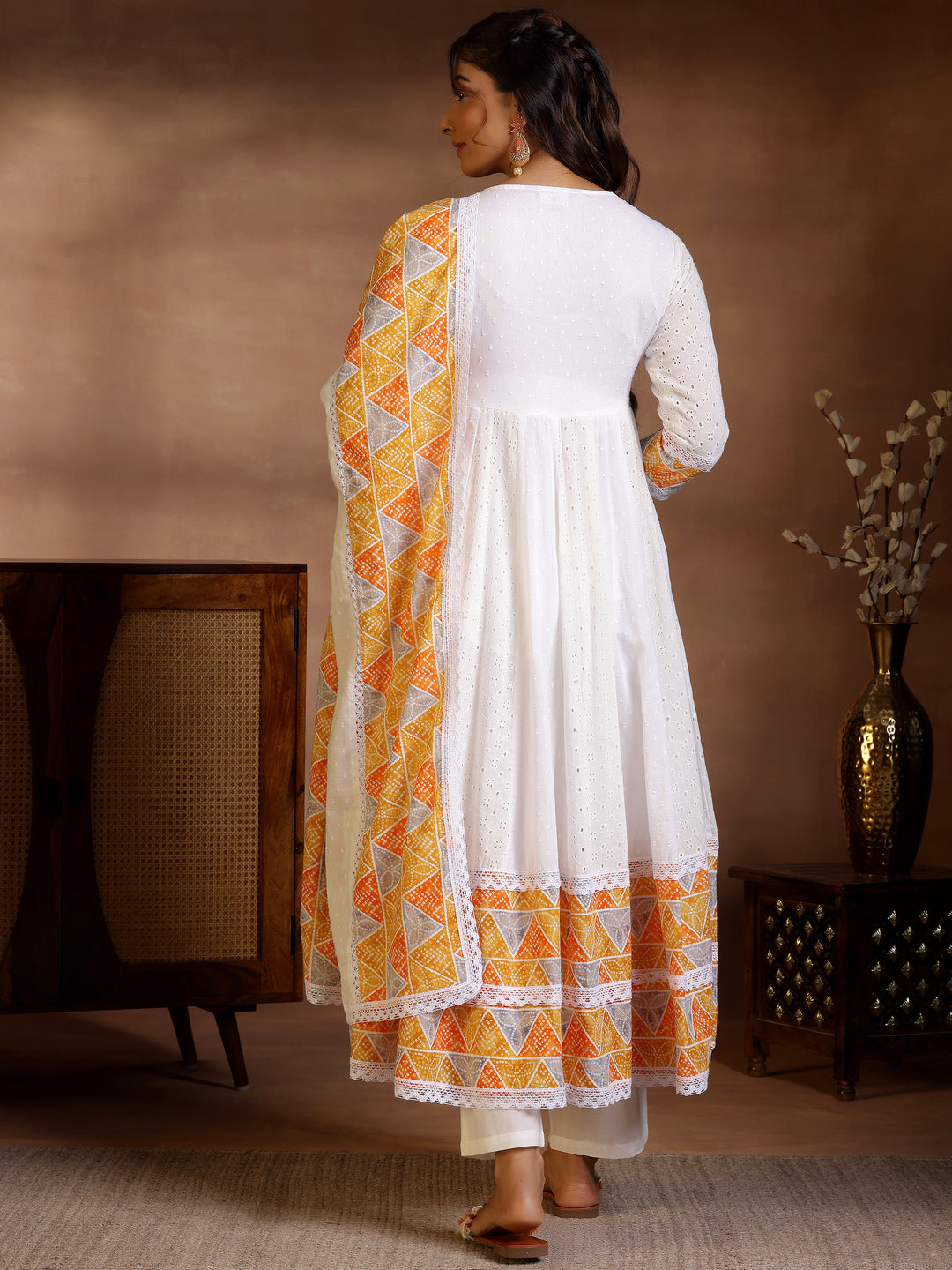 White Self Design Cotton Anarkali Suit With Dupatta