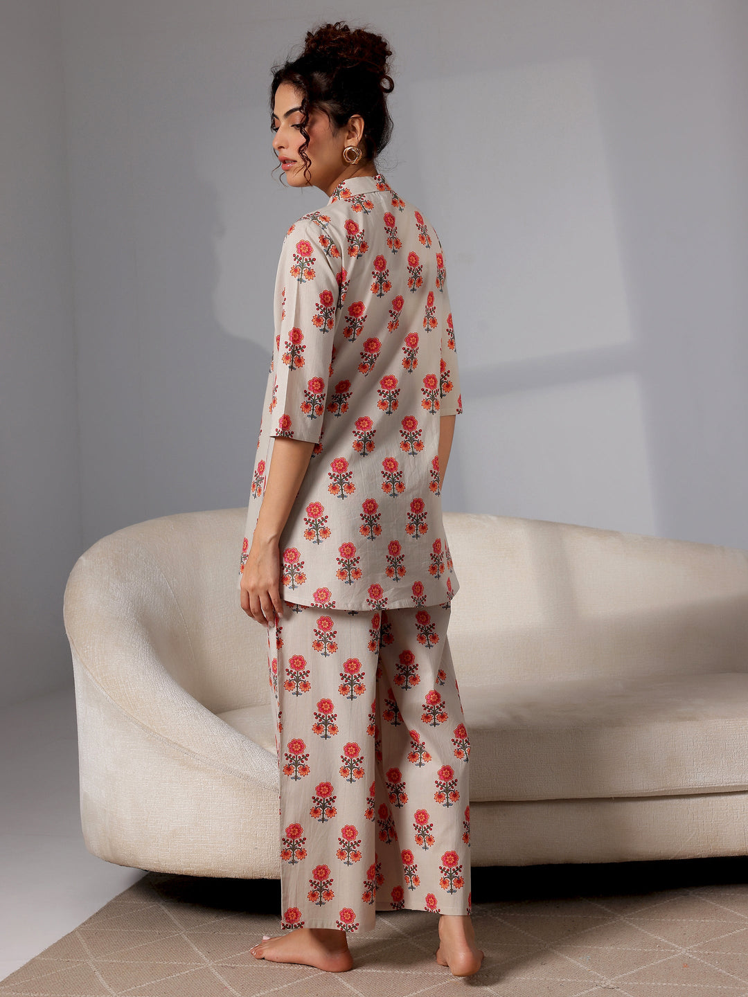Beige Printed Cotton Night Suits