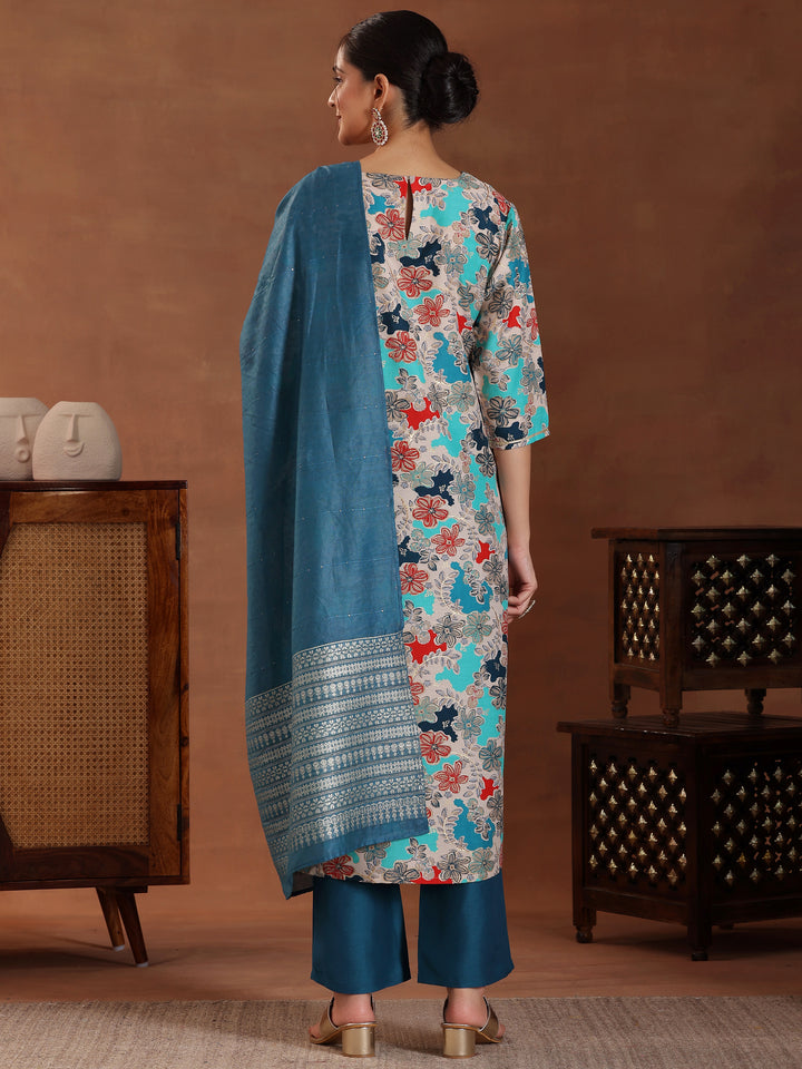 Blue Printed Silk Blend Straight Suit With Dupatta
