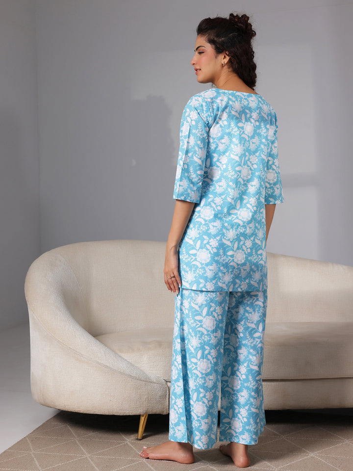 Blue Printed Cotton Night Suits
