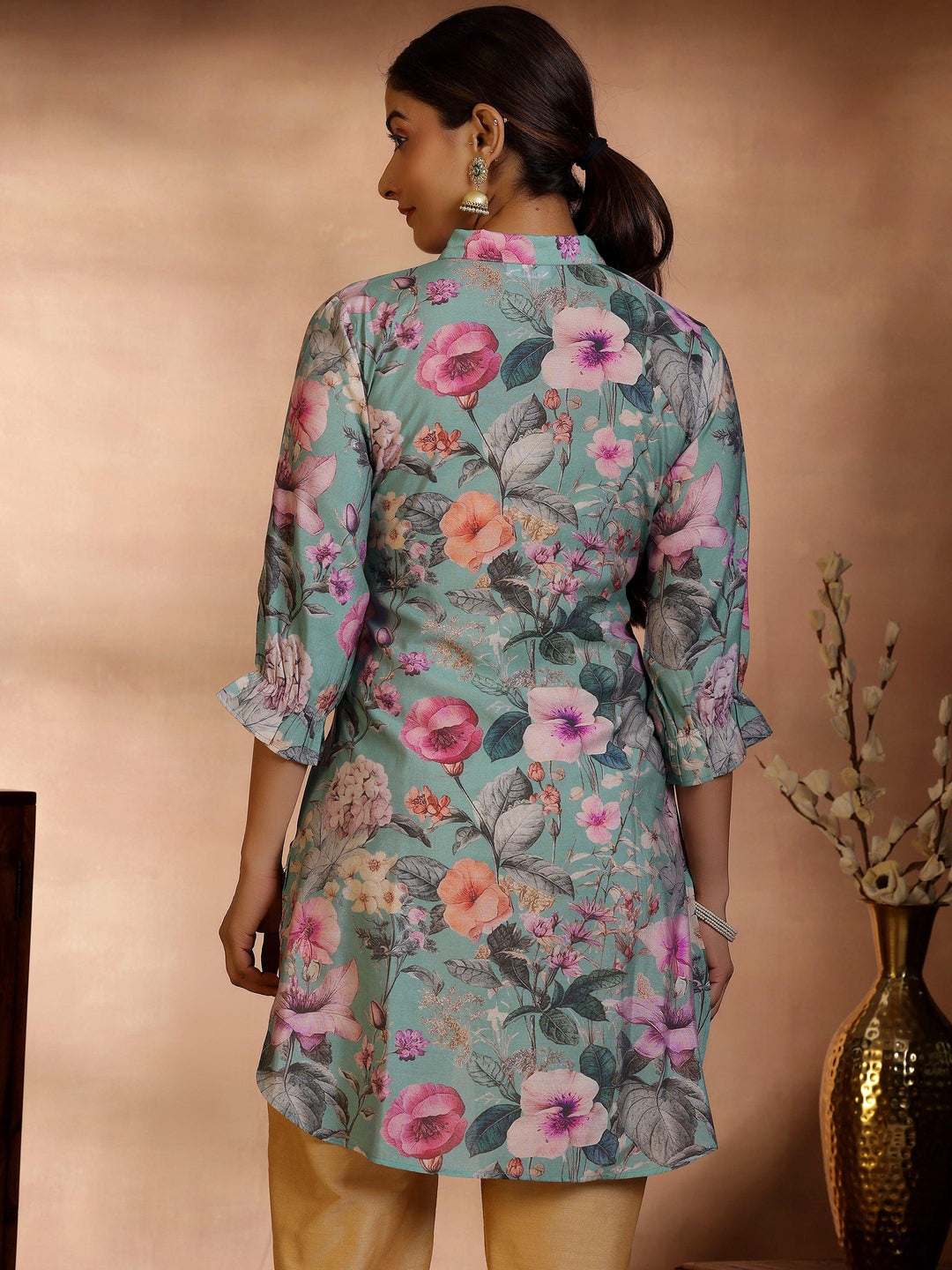 Sea Green Printed Silk Blend Straight Kurti
