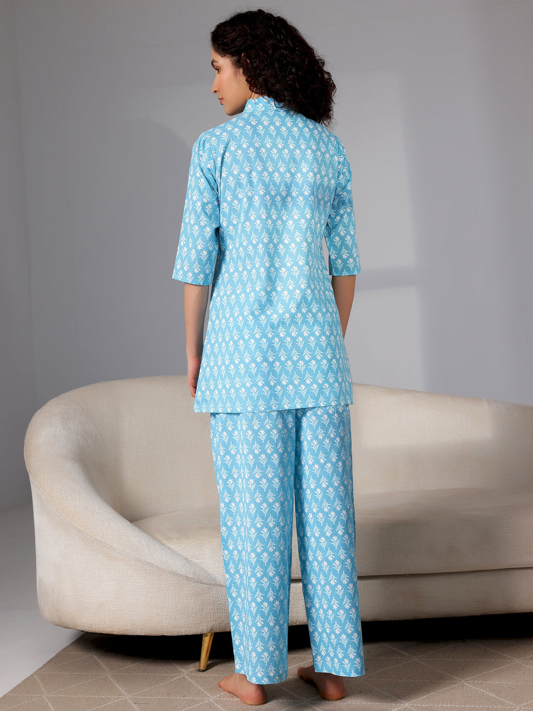 Blue Printed Cotton Night Suits