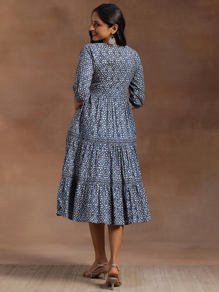 Blue Printed Cotton A-Line Dress