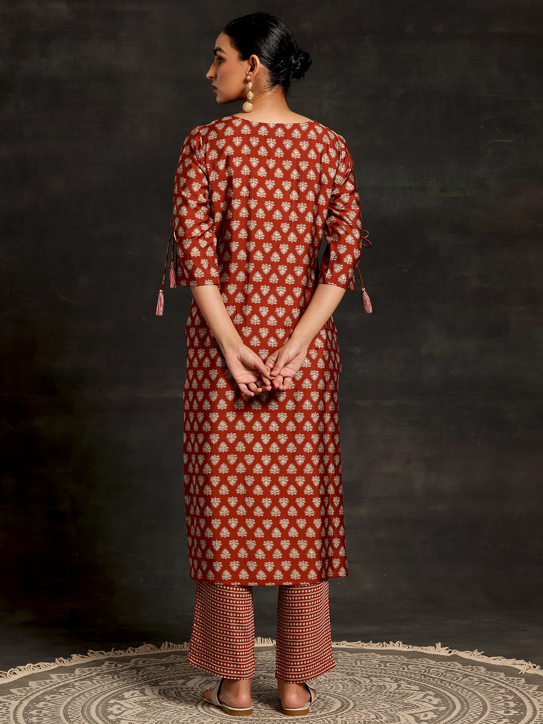 Rust Printed Silk Blend Straight Kurta Set
