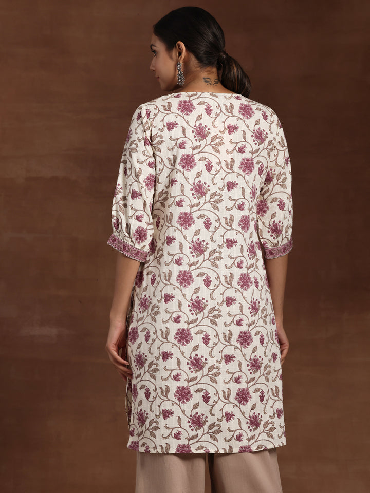 Beige Printed Cotton Straight Kurta