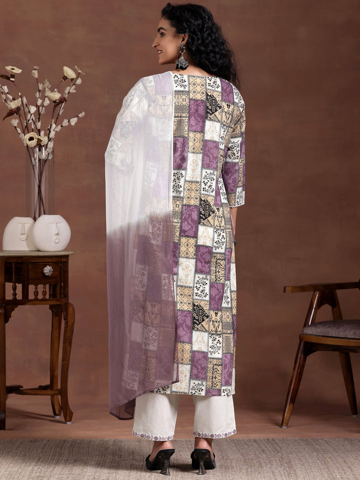 Off white Printed Cotton Straight Suit With Dupatta