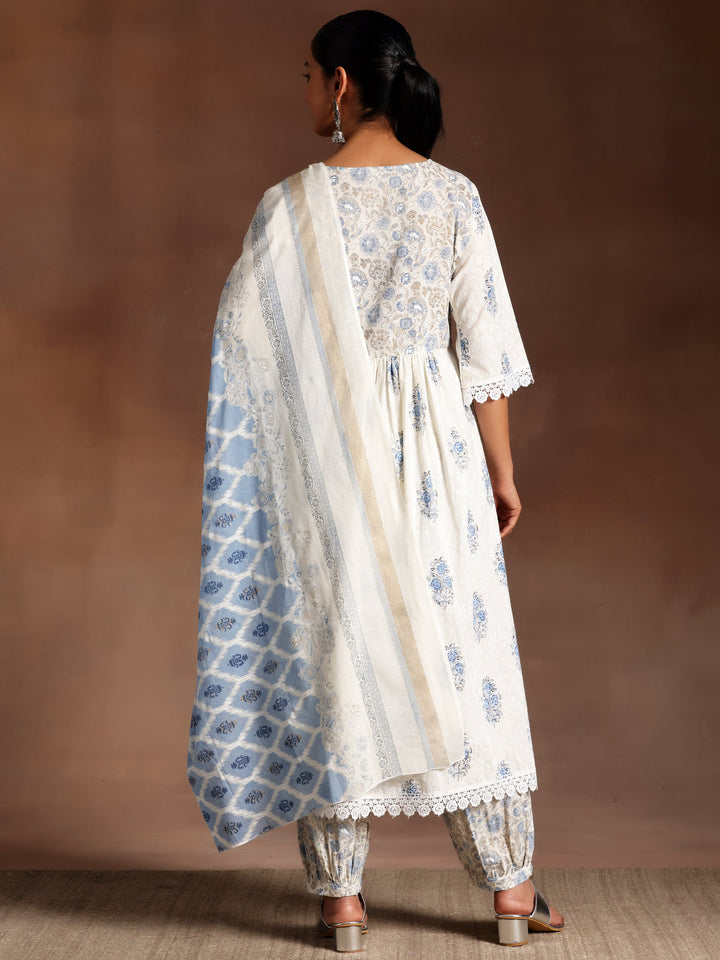 Falak White Printed Cotton A-Line Kurta With Salwar & Dupatta