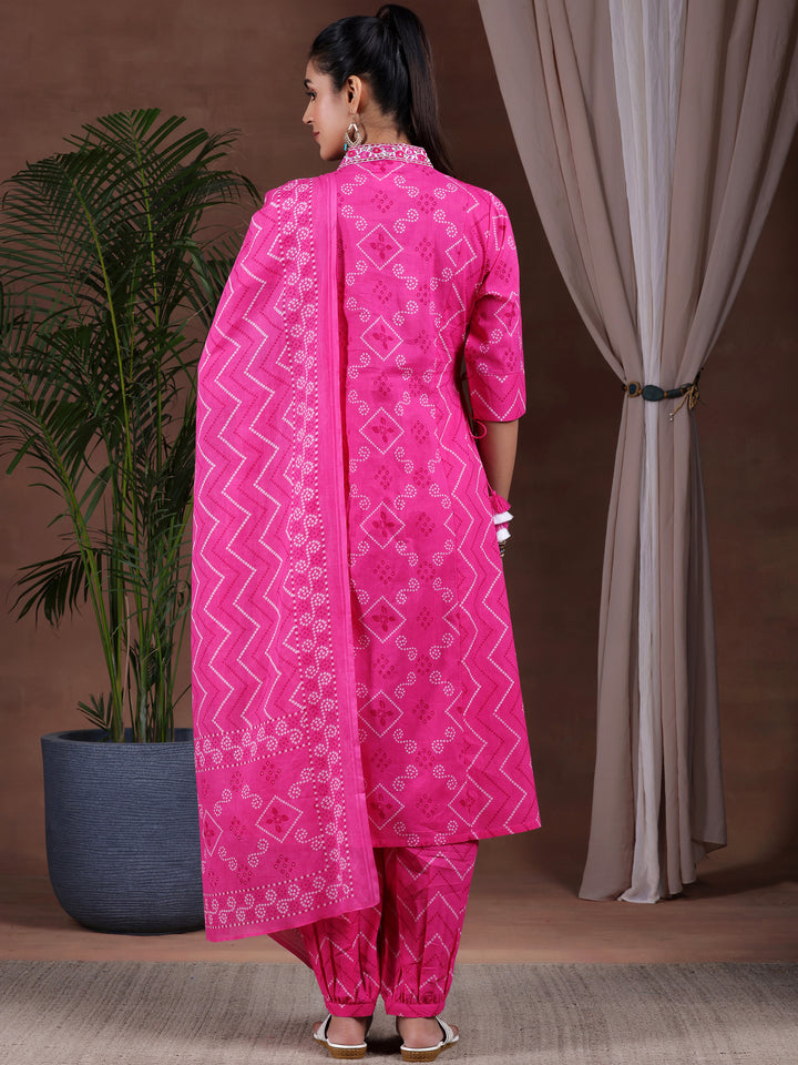 Pink Printed Cotton A-Line Kurta With Salwar & Dupatta
