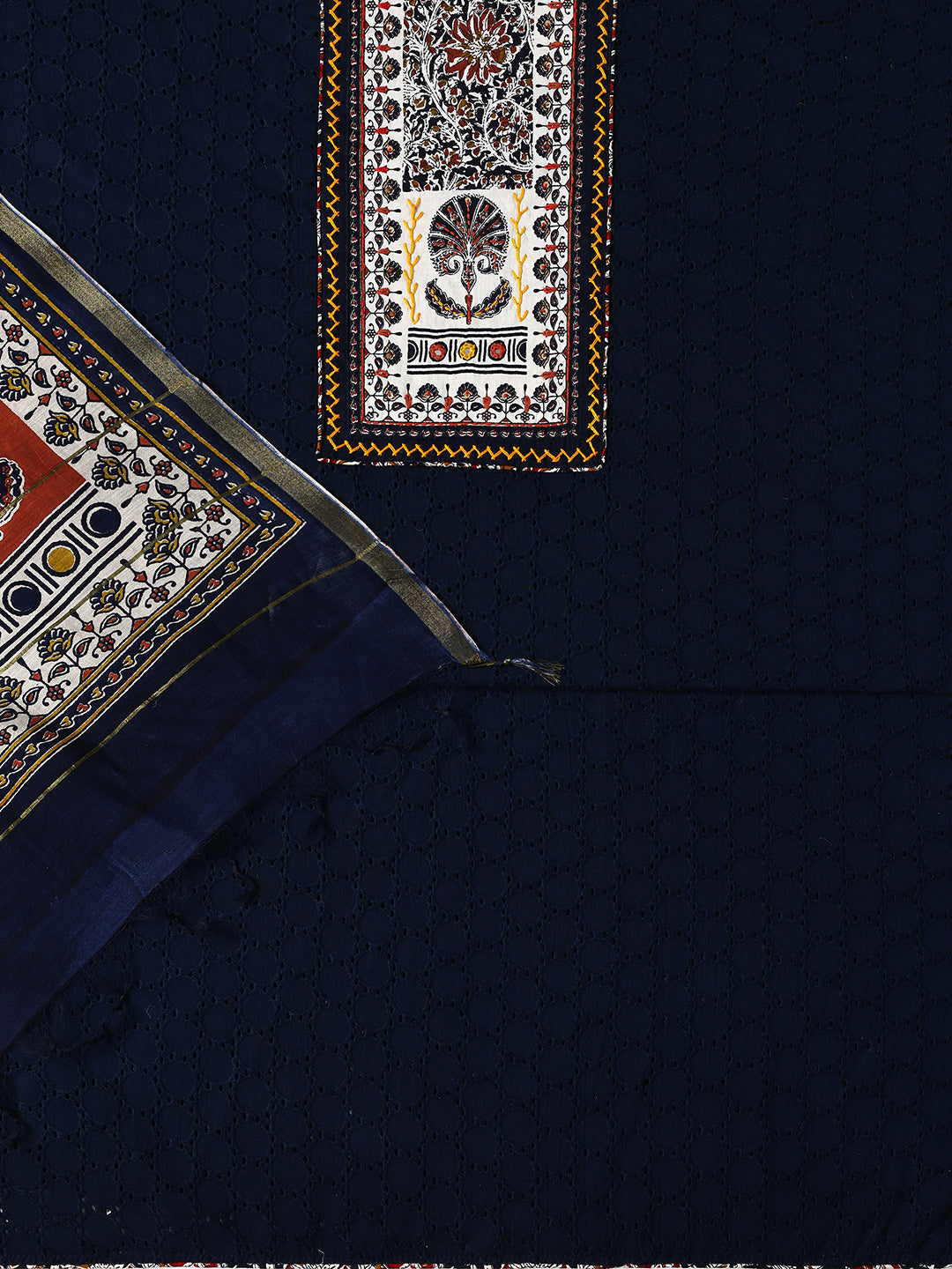 Navy Blue Printed Cotton Dress Material With Dupatta