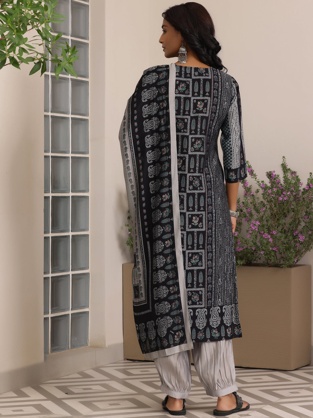 Black Printed Silk Blend Straight Suit With Dupatta