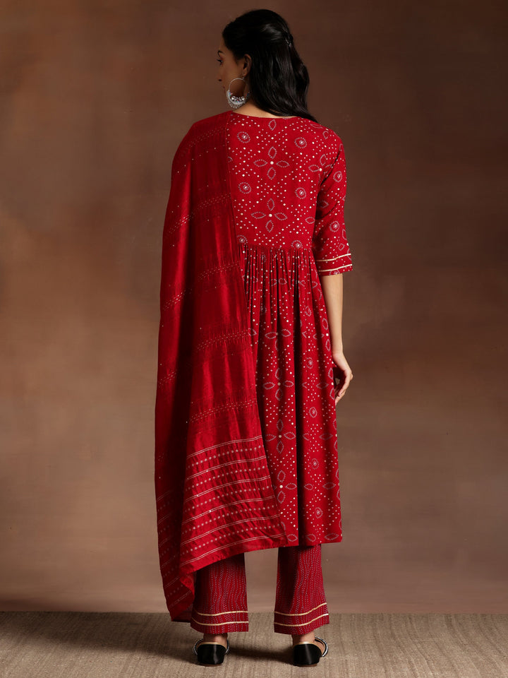 Sitara Red Printed Rayon A-Line Kurta With Palazzos & Dupatta