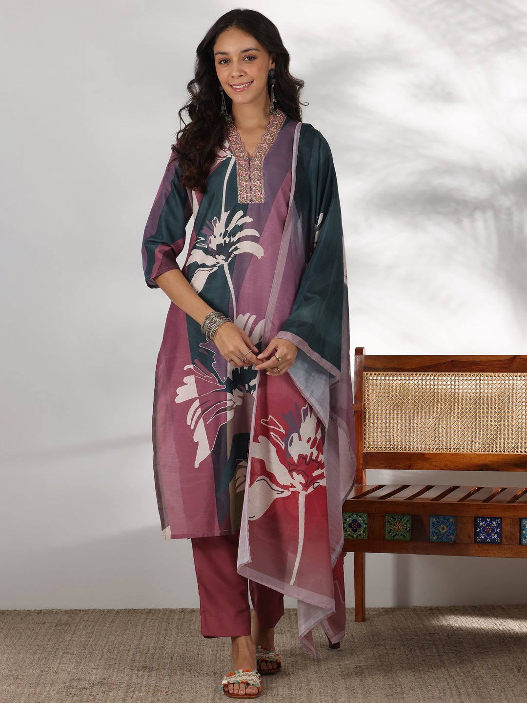 Mauve Printed Cotton Blend Straight Suit With Dupatta