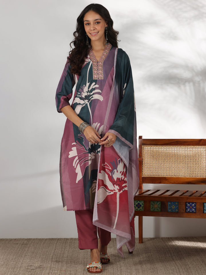 Mauve Printed Cotton Blend Straight Suit With Dupatta